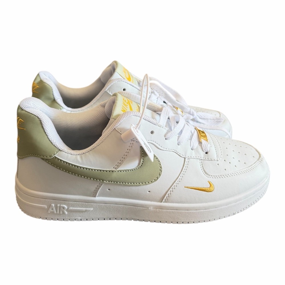 Nike White Sneakers with Olive Green and Gold Accents